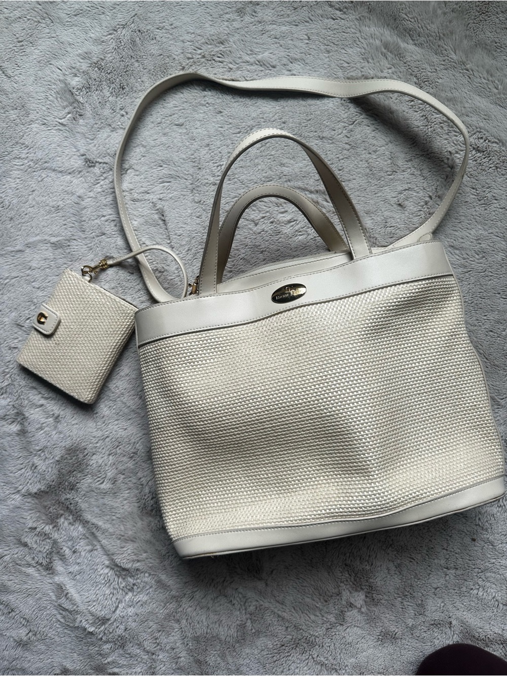 Vintage 90s Etienne Aigner White Woven Leather Tote Set Wallet, Key Fob & Strsp